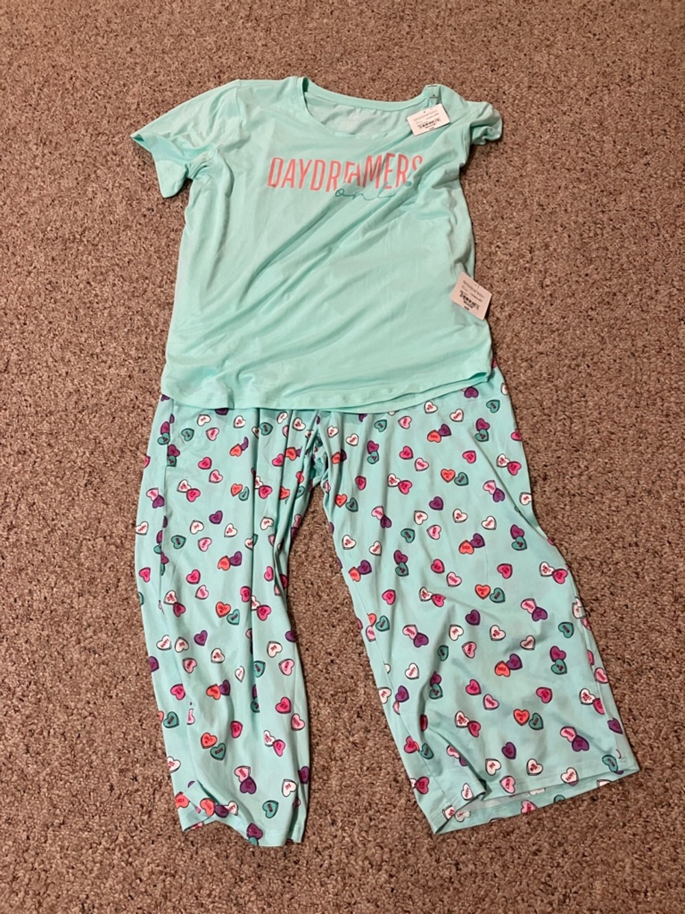 Sleep chic Mint Short Sleeve Pajama Set with Heart Print Pants
